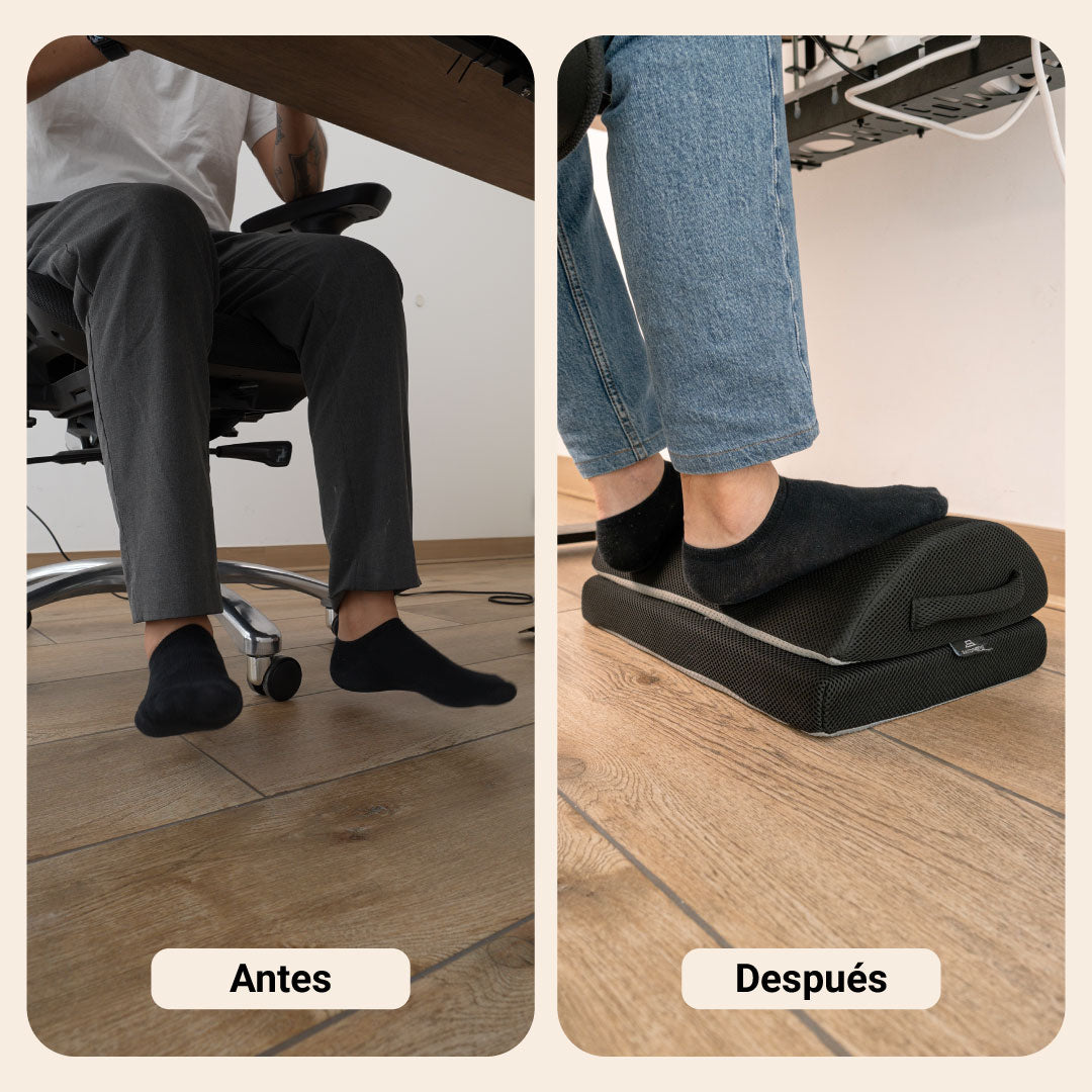 Antes y después: pies sin apoyo bajo el escritorio y pies descansando sobre el reposapiés