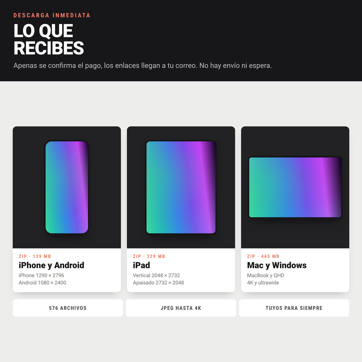 Los tres archivos ZIP del pack Gradiente: iPhone y Android, iPad, y Mac y Windows