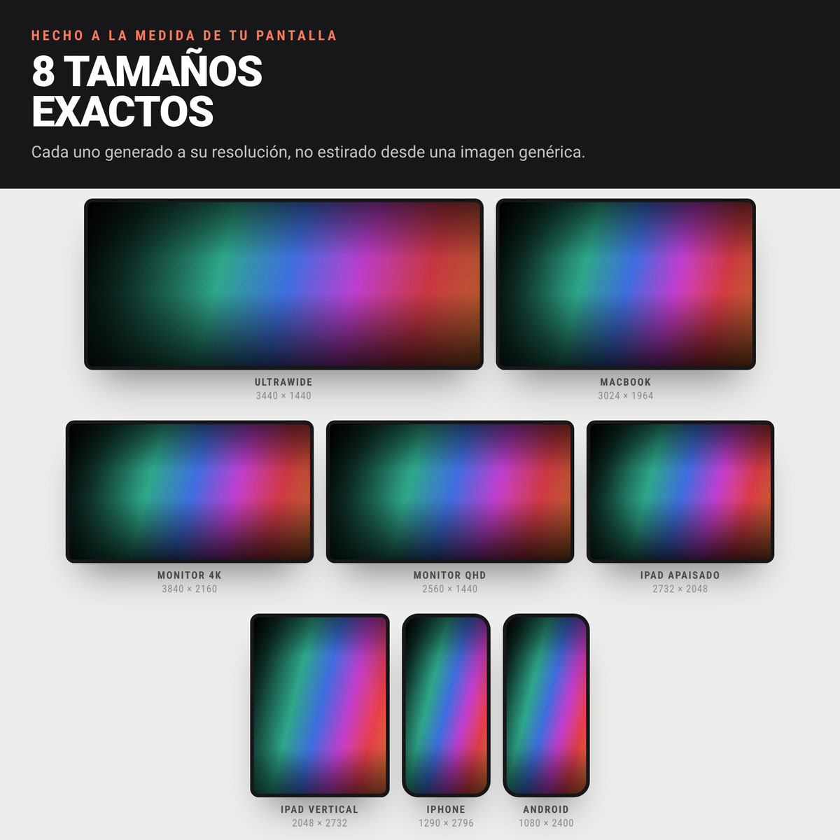 El mismo diseño Mesh en sus 8 tamaños exactos: ultrawide, MacBook, 4K, QHD, iPad, iPhone y Android