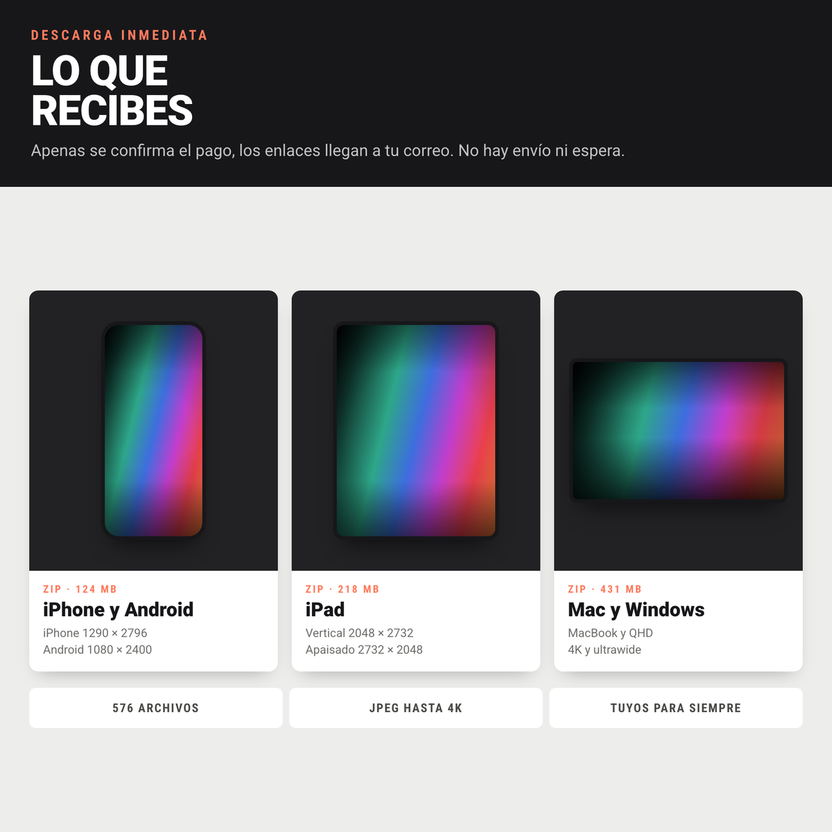 Los tres archivos ZIP del pack Mesh: iPhone y Android, iPad, y Mac y Windows