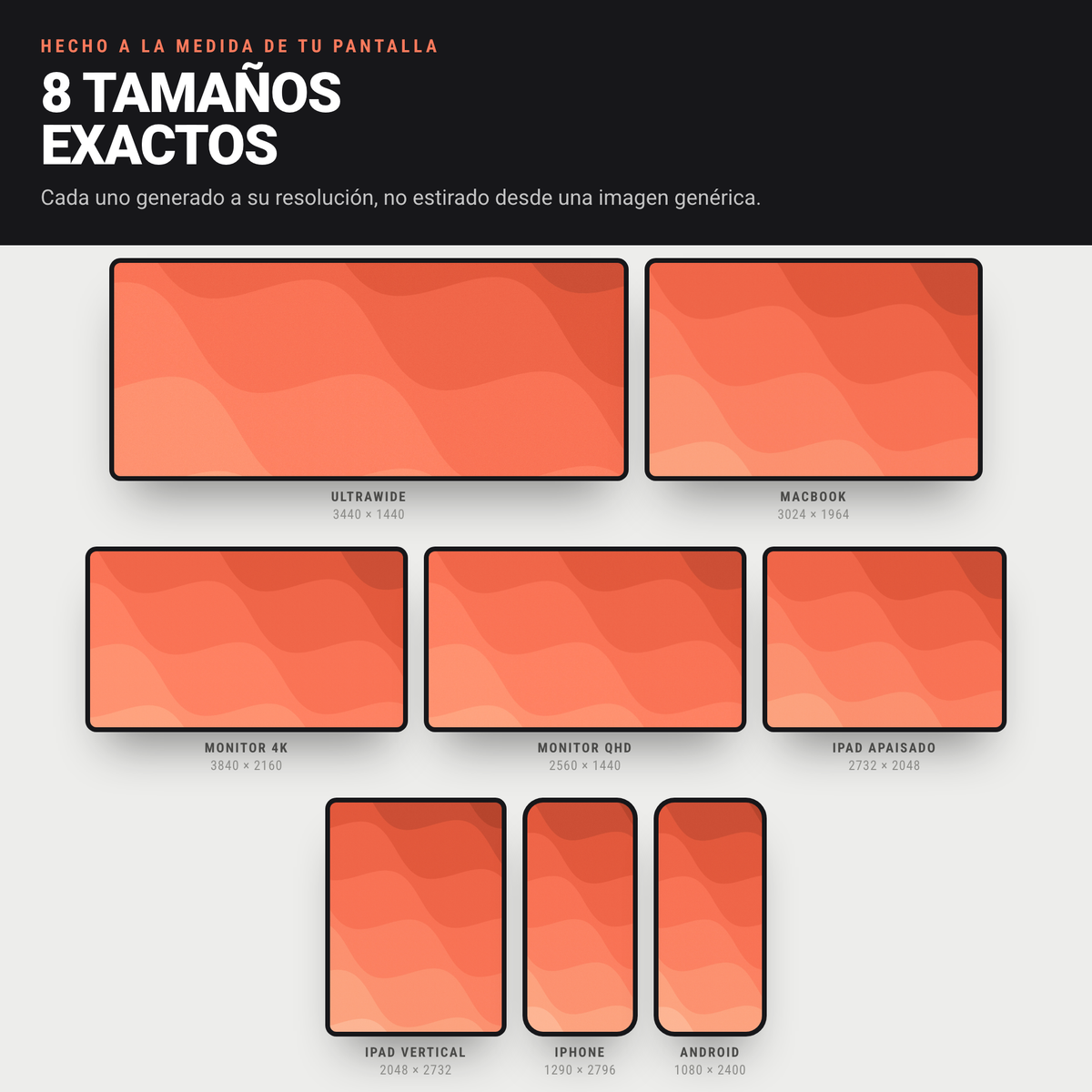 El mismo diseño Ondas en sus 8 tamaños exactos: ultrawide, MacBook, 4K, QHD, iPad, iPhone y Android
