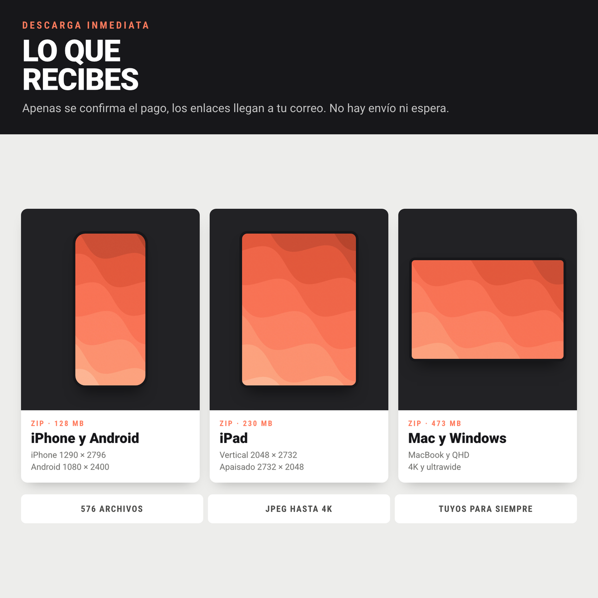 Los tres archivos ZIP del pack Ondas: iPhone y Android, iPad, y Mac y Windows