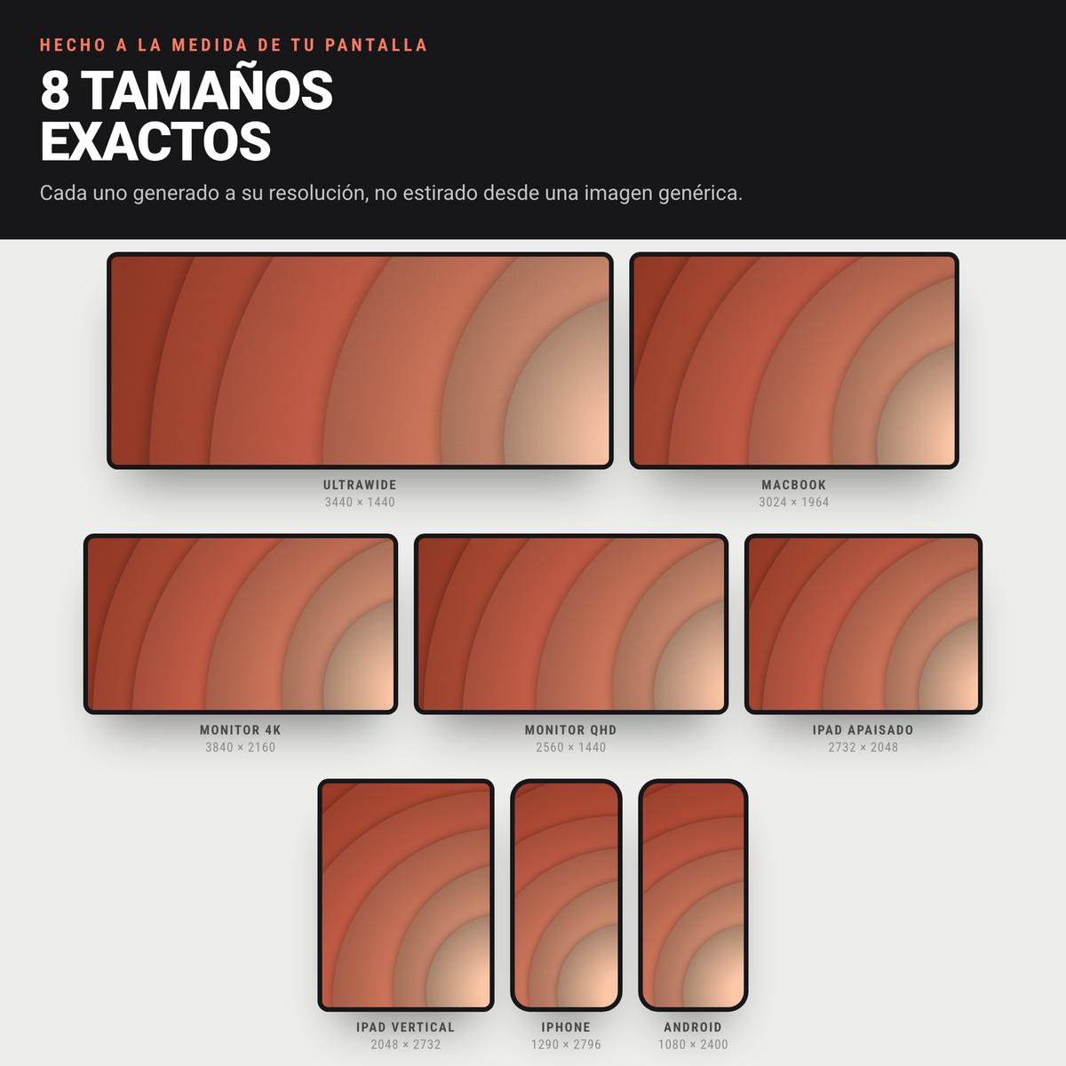 El mismo diseño Pétalos en sus 8 tamaños exactos: ultrawide, MacBook, 4K, QHD, iPad, iPhone y Android