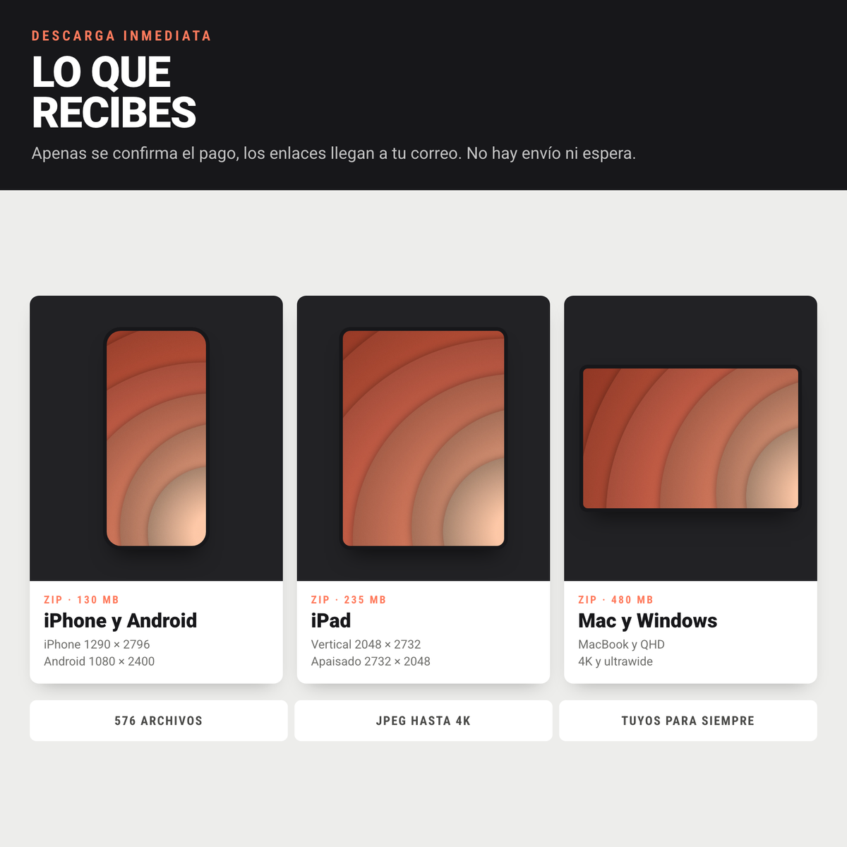 Los tres archivos ZIP del pack Pétalos: iPhone y Android, iPad, y Mac y Windows