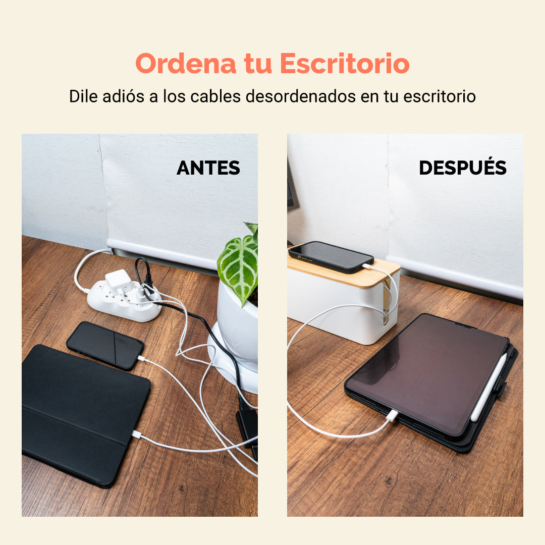 Caja Organizadora de Cables con Tapa de Bambú