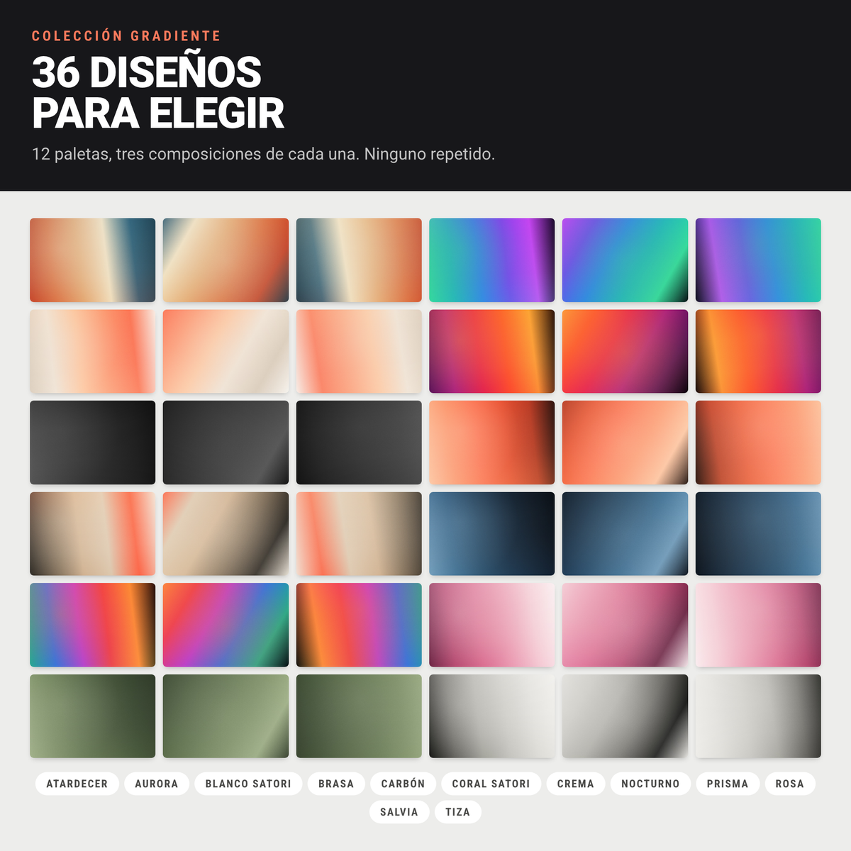 Los 36 diseños de la colección Gradiente en 12 paletas