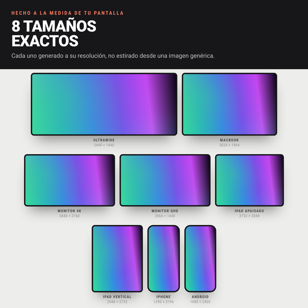 El mismo diseño Gradiente en sus 8 tamaños exactos: ultrawide, MacBook, 4K, QHD, iPad, iPhone y Android