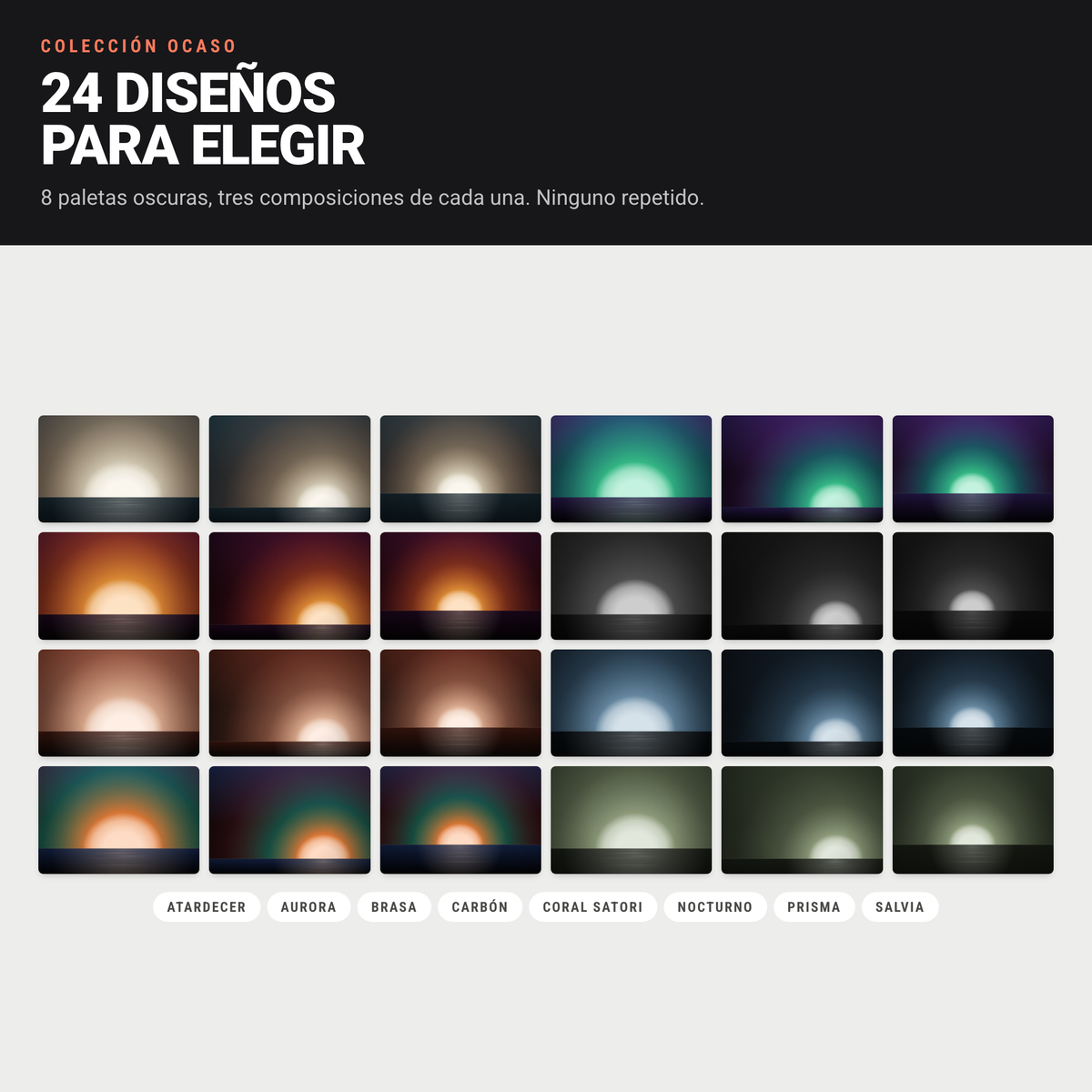 Los 24 diseños de la colección Ocaso en 8 paletas oscuras