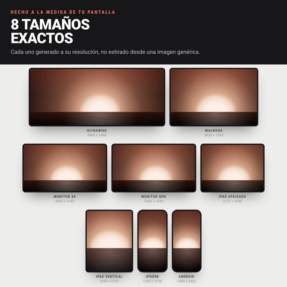 El mismo diseño Ocaso en sus 8 tamaños exactos: ultrawide, MacBook, 4K, QHD, iPad, iPhone y Android