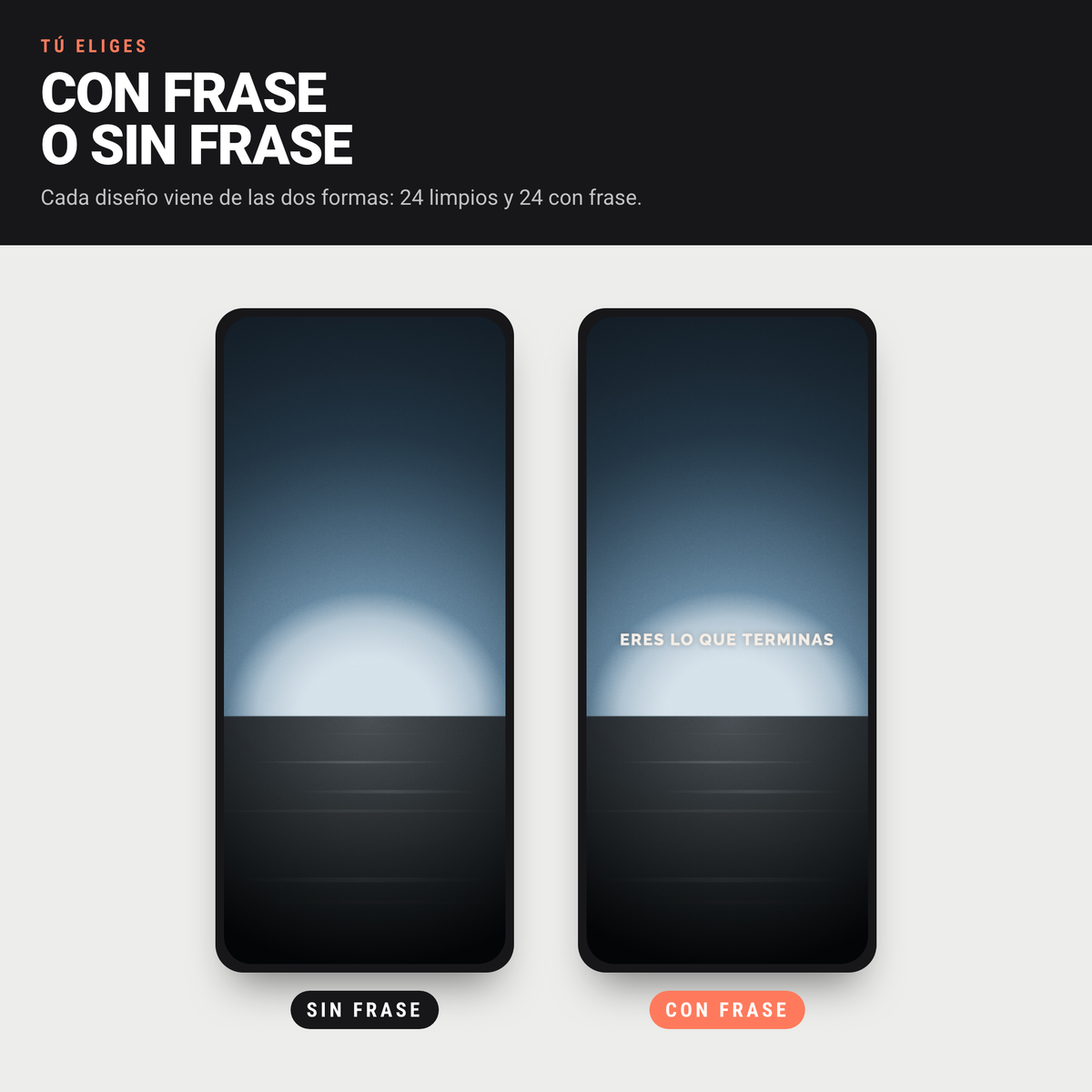 El mismo diseño Ocaso en versión limpia y en versión con frase