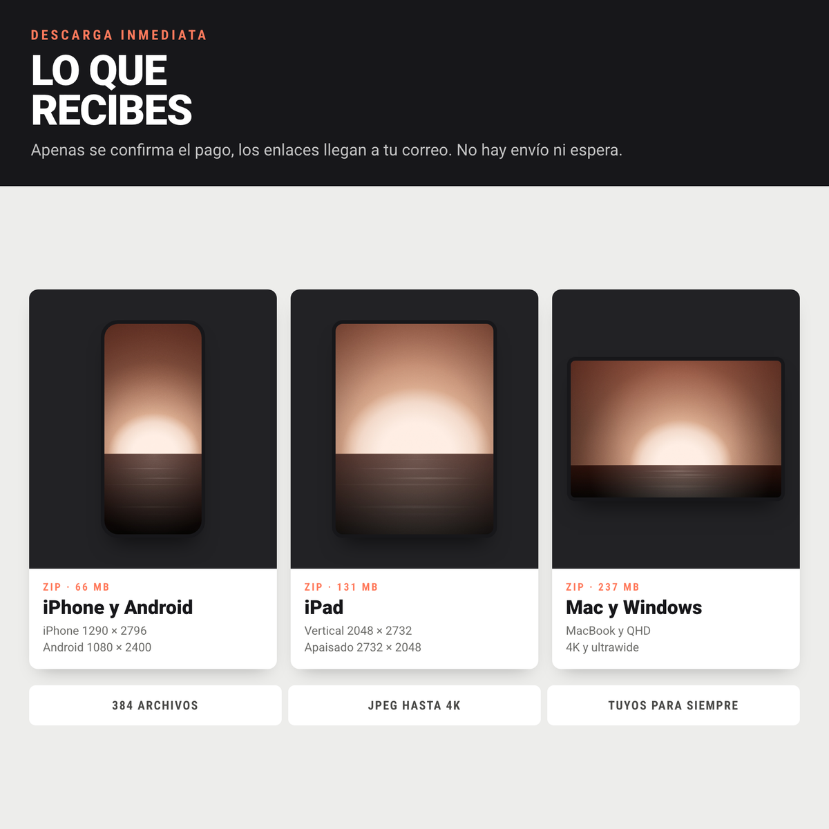 Los tres archivos ZIP del pack Ocaso: iPhone y Android, iPad, y Mac y Windows