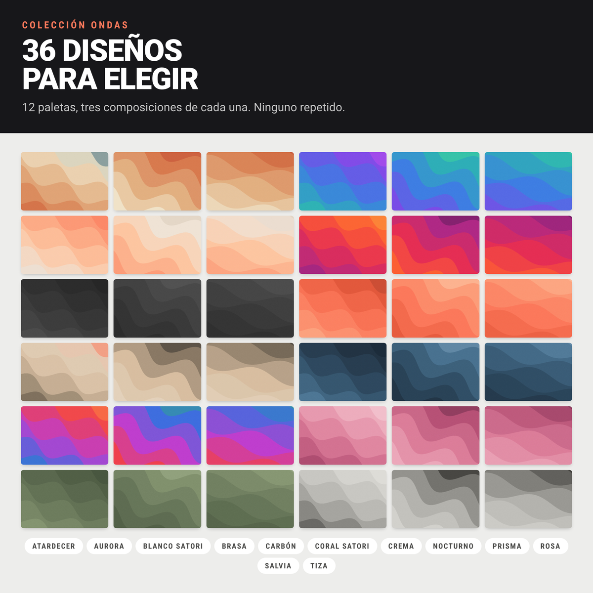 Los 36 diseños de la colección Ondas en 12 paletas