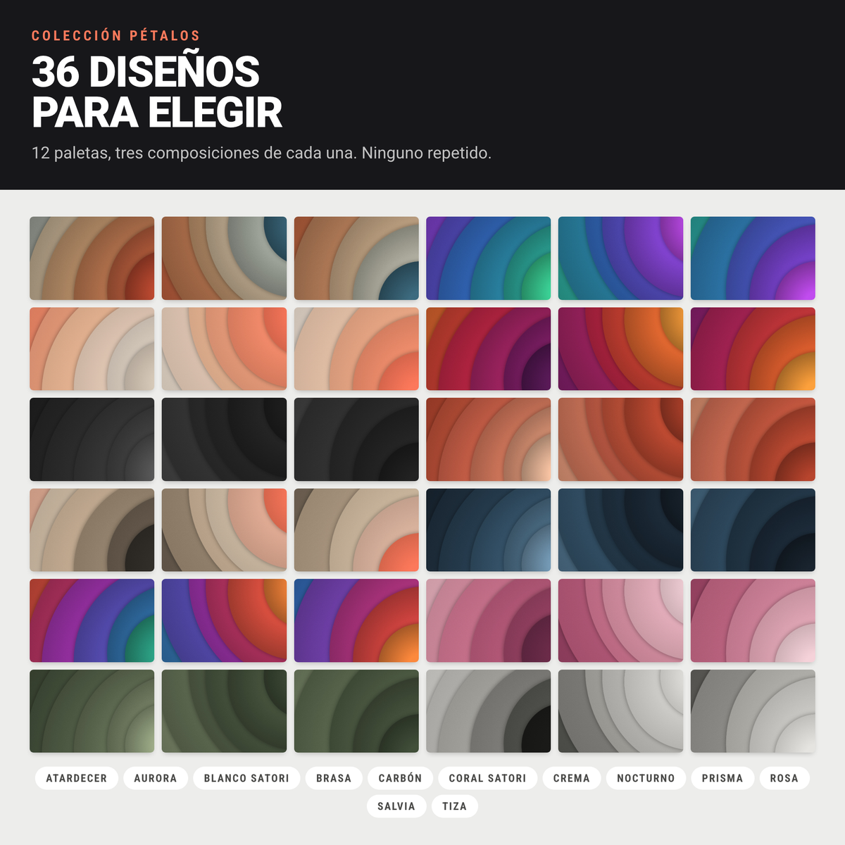 Los 36 diseños de la colección Pétalos en 12 paletas