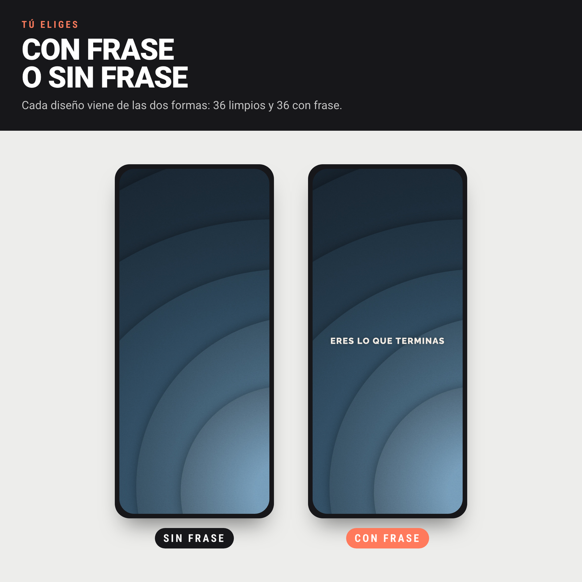 El mismo diseño Pétalos en versión limpia y en versión con frase